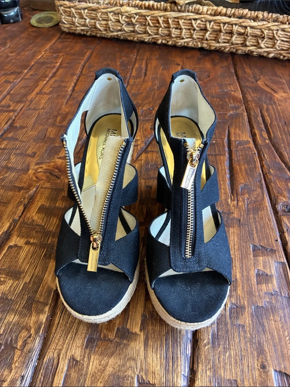 Michael Kors Black Wedge Sandals with Gold Front Zipper